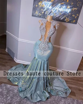 Elegantní Nášivky Střapce Mořská Panna Prom Šaty Sleeveles Lllusion Volánky Formální Večerní Šaty Robe De Soirée Femme