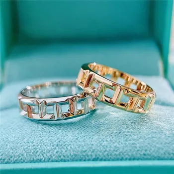925 stříbrný lesklý čtvercové duté prsten Evropské a Americké jednoduchý, módní muže a ženy, páry, luxusní značky šperky