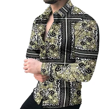 Módní Vintage Košile Pro Muže Ležérní Nadrozměrné Tričko Květinové Totem Tisk Dlouhý Rukáv Topy Pánské Oblečení Strana Svetr Halenky