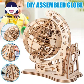 Dřevěné Globe Puzzle 3D DIY Mechanickým Pohonem Model Převodovky Otáčet Montáž Puzzle Domácí Kancelář Dekorace Hračky Dítě