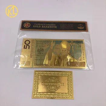 50 PLN ZLOTÝ Polsko BanknoteGold Pokovené Bankovek Barevné 24K Gold Fólie Falešné Peníze Účet Pro Sbírku Domácí Dekoraci