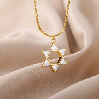 Z Nerezové Oceli Zlaté Barvy Hexagram Náhrdelník Pro Ženy Zirkon Hvězda Náboženské Náhrdelníky 2022 Judaismu Izrael, Islám Šperky Dárek