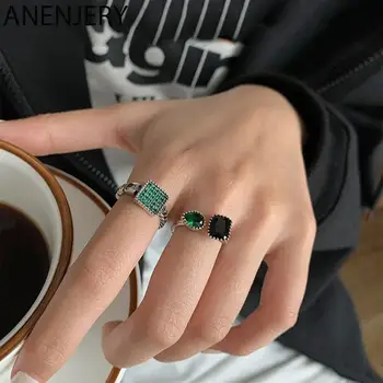 ANENJERY Stříbrná Barva Vintage Zelený Černý Kámen Prsteny pro Ženy Thai Stříbrná Barva Prsteny Svatební Dar Luxusní Každodenní Šperky S-R950
