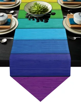 Rainbow Vintage Dřevo Obilí Tabulka Běžec Svatební Dekorace Stolu Kryt Pro Domácí Party Hotel Ubrus Jídelní Stůl Dekor