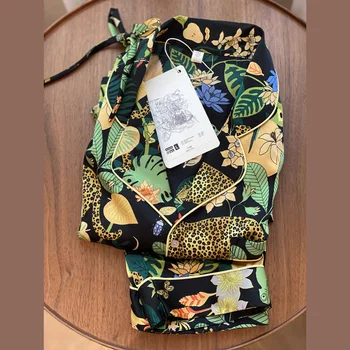 2022 Zelené Nové Volné Umění Tisk oblečení na Spaní pro Ženy Pyžamo Set Hedvábí Leopard Dlouhý Rukáv Kalhoty Temperament Pyjama oblečení pro volný čas