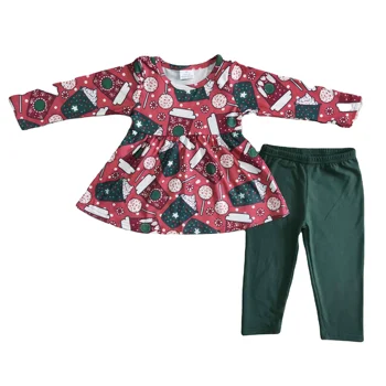 Vlastní Styl Podzim Zimní Dětské Oblečení, Čaj s Mlékem Tisku Červené Pasu s Dlouhým rukávem Top A Zelené Kalhoty Oblek dětské Oblečení