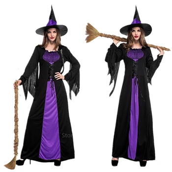 Halloween Čarodějnice Upíří Kostýmy pro Ženy Dospělý Děsivé Fialové Karneval Párty Výkon Dramatu Maškarní Oblečení s Kloboukem