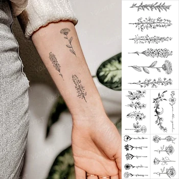 Vodotěsný Dočasné Tetování Nálepka Kytice, Květ Levandule Pobočka Malé Černé Tetování Paže, Zápěstí, Ruka Ženy Glitter Tetování Děti