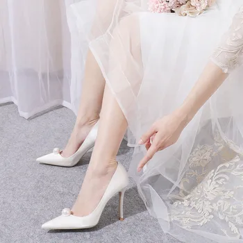 2022 v Létě Sladké Béžová Perla v Pořádku 7CM Dámy Vysoké Podpatky svatební Svatební Boty Hostina Šaty Ženské Sandály