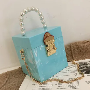 Pearl Tote Pevný Box Pytel 2021 Nové Vysoce kvalitní PU Kůže Ženy Značkové Kabelky Řetězce Rameno Messenger Bag Mini Banketní taška