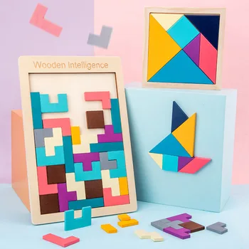 Dřevěný Tangram Puzzle Barevné Čtverce Barevné Hračky Pro Děti Ukázku Inteligentní Vzdělávací Puzzle Pro Děti