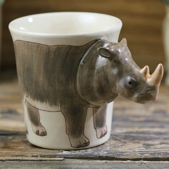 200ml zvířat nosorožec hrnek, Ručně malovaný keramický hrnek na kávu Karikatura dárek hrnek Kreativní 3D hrnky pro Děti dárky