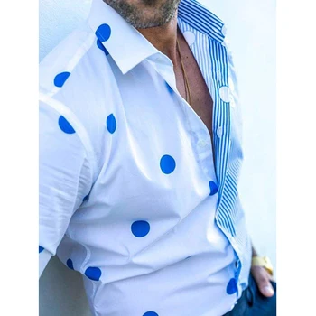2021 Podzim Muži Modré Pruhované Polka Dot Slim Dlouhý Rukáv Ležérní Košile Evropského Americké Klopě Tlačítko Šaty košile Mužské Halenka