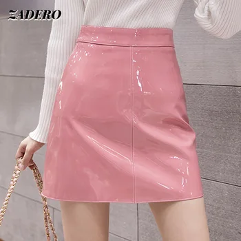 Y2k Sukně Růžová Pu Kůže, Lesklý Vysoký Pasu Patent-line Sukně Módní Mini Estetické Latexové Sexy Ležérní Harajuku Streetwear