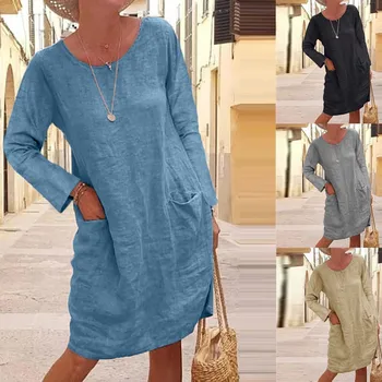 Podzimní A Zimní Nové Dámské Oblečení 2022 Plus Velikosti jednobarevné Kapsy, Dlouhý Rukáv A-Line Sukně Móda O-Neck Loose Šaty