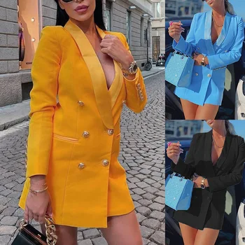 Vysoce Kvalitní Podzim Žen Blazer Bunda 2021 Žlutá Modrá Ležérní Dlouhý Rukáv Ženy Sexy Sako Elegantní Šaty Office Dámy Oblečení