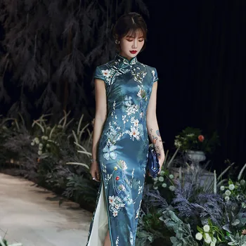 Ženy Printe Květiny Qipao Retro Štěrbinou Slim Sexy Cheongsam Mandarin Límec Čínské Šaty Dlouhé Večerní Party Šaty Elegantní Vestidos