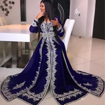Dubaj arabské Tmavě Modré Dlouhý Rukáv Večerní Šaty Crystal Korálky, Krajky Nášivka abaya kaftan Dubaj Satén Délka Podlahy Plesové Šaty