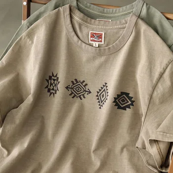 Letní Japonské Retro Váha s Krátkým Rukávem Navajo Motivy T-shirt Pánské Módní 100% Bavlna, Kolem Krku Umýt Staré Příležitostné Topy
