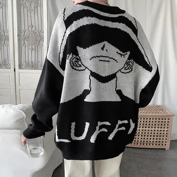 Zimní Japonsko Anime Nadrozměrné Svetr Karikatura Luffy Úplet Roztomilý Dlouhý Rukáv Módní Topy, Pulovry Black White Vintage Oblečení