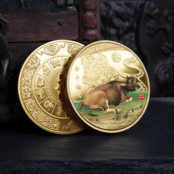2021 Dvanáct Znamení Zvěrokruhu Býk Nový Rok Pamětní Mince Dobytek Malované Pozlacené Medaile Dekorativní Kolekce Dárek