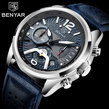 BENYAR 2021 Nové Pánské hodinky módní sportovní multifunkční chronograf Kůže Quartz Hodinky pánské hodinky Top Luxusní Značky