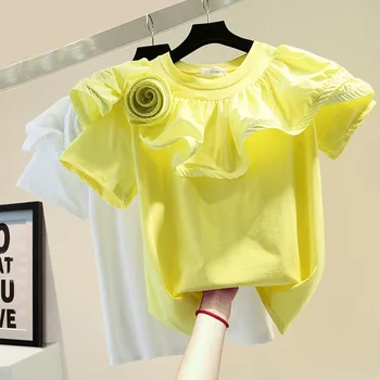 2022 Letní 100% Bavlna 3D Flower Prohrábnout Patch T-shirt Módní Topy Ženy Ležérní All-zápas Krátký rukáv T-košile Elegantní Tričko Femme