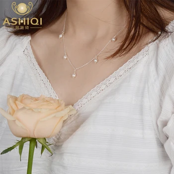 ASHIQI Real 925 Sterling Silver Řetěz Náhrdelník pro Dívky Ruční práce Sladkovodní Pearl Šperky