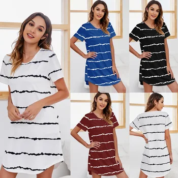 Letní Nové Dámské Krátký Rukáv Šaty Krásné Bavlněné Stripe Ženy, Noční Košile Ženy Volné Ležérní Homedress Sleepdress