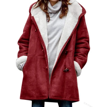 Ženy Zimní Kabát Solidní Kabáty Plus Sametový Kabát Dlouhý Rukáv Horn Spony Kapsy Kabátu S Kapucí, Teplé Kabáty Bundy Pro Dámy