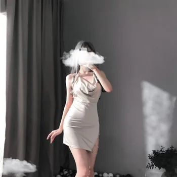 Sexy Šaty Satin Ice Hedvábí Šifon Sling Noční Košile Straně Hliníkové Řetězce Split Otevřené Zpět Domů Roztomilé Dívce