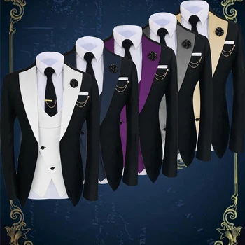 Nové Příjezdu v roce 2021 Klasický Kostým Homme Luxusní Slim Fit Blejzry Míč A Ženich Oblek Muže Oblek 3 Kusů Sada Svatební Šaty