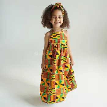 Baby Dívky Šaty Party Africké Oblečení Děti Bazin Riche Dashiki Módní Šaty Děti Kombinéza Tištěné Šaty s Čelenkou