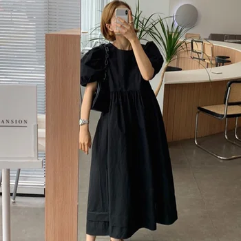 Korejský Elegantní Jednoduché Pevné Výklenku Skládaný Maxi Šaty Ležérní Vintage Gothic Styl Japonského Mladá Móda Dívka Volný 2021 Letní Šaty