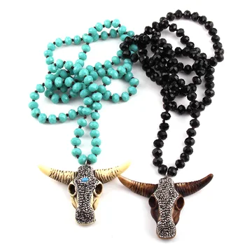 Módní Bohemian Tribal Šperky 5X8 Skleněné Křišťálové Ručně Zpevněné Bull Head Charm Náhrdelník