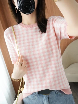 Kostkované Tenké Pletené T Shirt Ženy Patchwork Pruhované Tričko Femme Krátký Rukáv Letní Pletené Topy Korejský Módní Dámské Oblečení