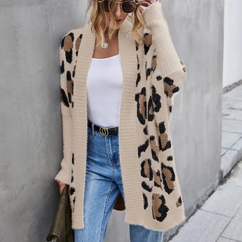 2021 Český Slim Batwing Rukáv Nadrozměrné Svetry Ženy Zimní Kabáty Fuzzy Leopard Dlouhé Vesty Módní Svetr pro Ženy