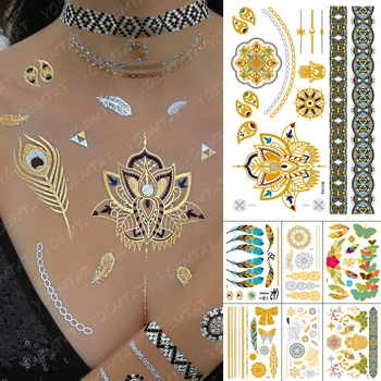 Vodotěsný Dočasné Tetování Nálepka Lotus Henna Mandala Peří Gold Silver Metallic Tetování Boho Květinové Šperky Třpytky Body Art
