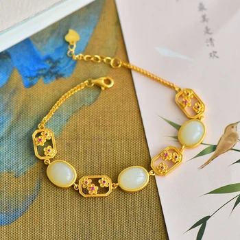 Čínský Styl Dámy Náramek Vložka Imitace Přírodních Hetian Jade Vintage Duté Šperky Pro Ženy, Svatební Zásnubní Ozdoby