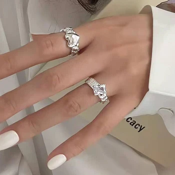 Coconal Hladké Stříbrné Barvy Ve Tvaru Srdce Geometrické Řetězce Otevřený Kroužek Ženy Fashion Square Crystal Prsten Strany Vysoce Kvalitní Šperky
