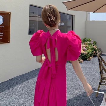 Francouzské Retro s hlubokým Výstřihem Midi Šaty Letní Dámské šaty Grace Holiday Dress Designer Puff Rukávy Vysoce Kvalitní Módní Luk Kravatu Za