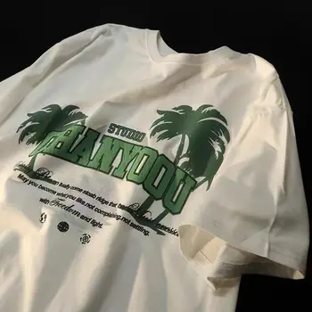 Ruský módní značky kokosová palma tisk krátký rukáv t tričko, pár uvolněný design Americké letní retro topy pro muže a ženy