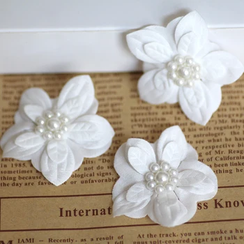30ks bílá Fabric Krajka Květ 3D mesh Květu Kulatá Perla Vyšívané Krajky Trim Nášivka Pro DIY Svatební Šaty, Dekorace