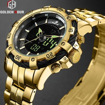GOLDENHOUR Muži Hodinky Módní Luxusní Duální Displej Quartzové Náramkové hodinky z Nerezové Oceli Vodotěsné Sportovní Hodiny Relogio Masculino