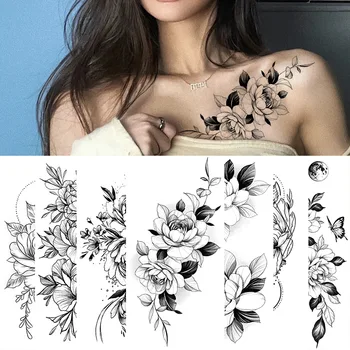 Velké Velikosti Černé Květinový Vzor Falešné Tetování Nálepka pro Ženy, Dot Růže, Pivoňka Dočasné Tetování DIY Převodu Vody Tetování Holky