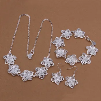 Krásná 925 sterling Silver Šperky sady jemné Květiny náhrdelník náramek náušnice pro ženy Dárkové módní Party svatební doplňky