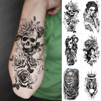 Vodotěsný Dočasné Tetování Nálepka Lebka Pivoňka Květiny Růže Kmenové Dívka Sova Tiger Flash Tatto Muži Ženy Rameno Tělo Umění Falešné Tetování