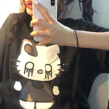 Sanrio Hello Kitty T-Shirt Jejda Krátký Rukáv Volný čas Kawaii Summ Černé Bavlněné s Krátkým Rukávem T-Shirt Ženy Volné Student Top