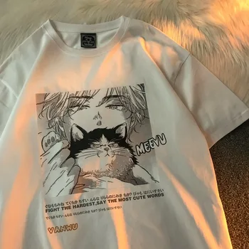 Roztomilé Tričko pro Ženy, Dívky Harajuku Tričko Korean Alt Oblečení Streetwear Anime Cat Graphic Oblečení 90. let Tee Fialová Bílá