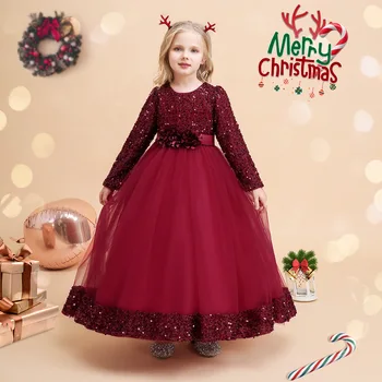 Holky Párty Šaty 2 Barvy 120cm-170cm Vánoční Šaty Děti, Svatbu, Narozeniny Dlouhý Rukáv plesové Šaty Princezna Sukně Vestidos